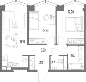 Планировка: 2-комнатная квартира 59,1 м² в ЖК «Северный Порт»