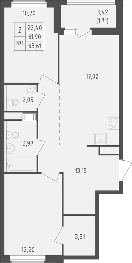 Планировка: Евротрёшка 61,9 м² в ЖК «Южная Нева»