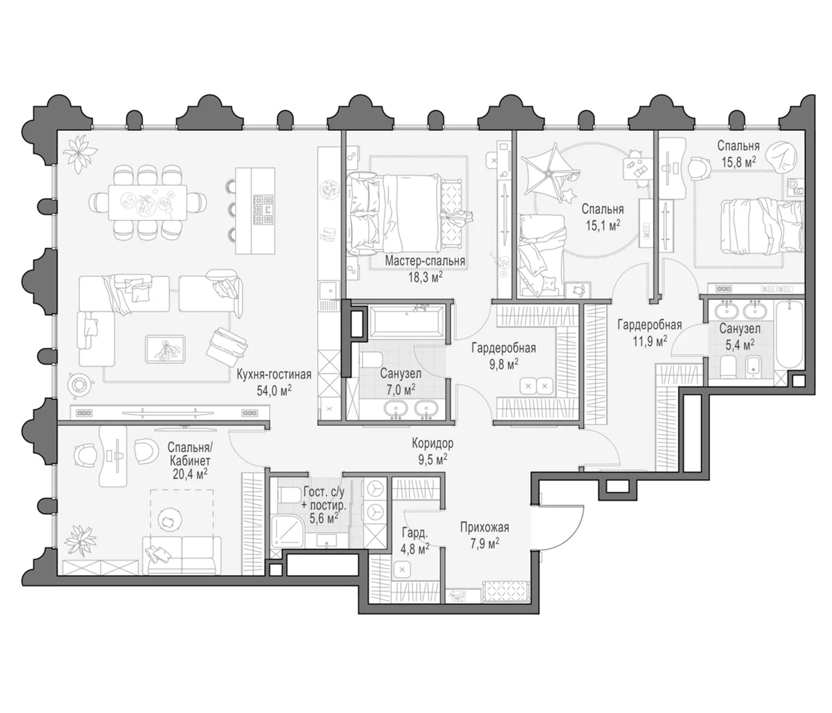Планировка: Квартира евро-5 186,9 м² в ЖК «Клубный квартал Фрунзенский»