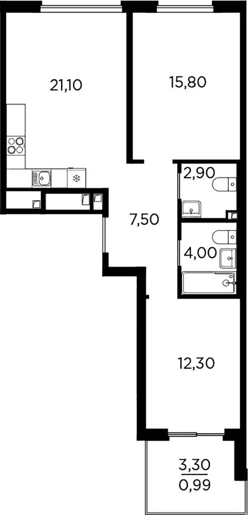 Планировка: Евротрёшка 63,6 м² в ЖК «Плюс Пулковский»