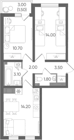 Планировка: Евротрёшка 49,3 м² в ЖК «Цветной город»
