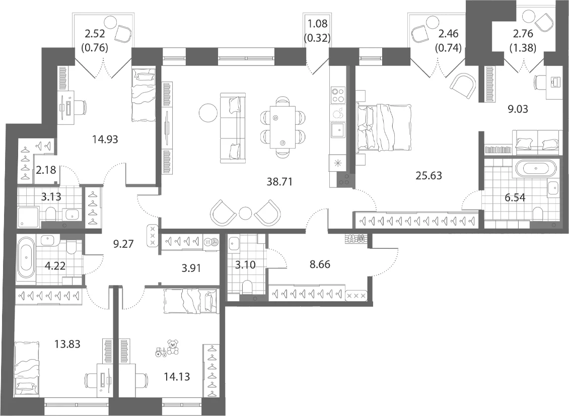 Планировка: Квартира евро-5 157,3 м² в ЖК «Нева Арт»