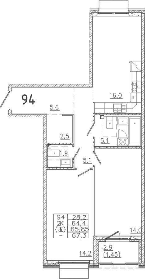Планировка: Евротрёшка 64,4 м² в ЖК «Лисино»