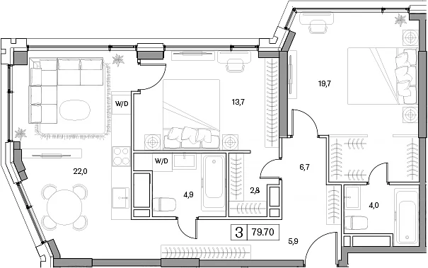 Планировка: Евротрёшка 79,7 м² в ЖК «Дрим Рива»