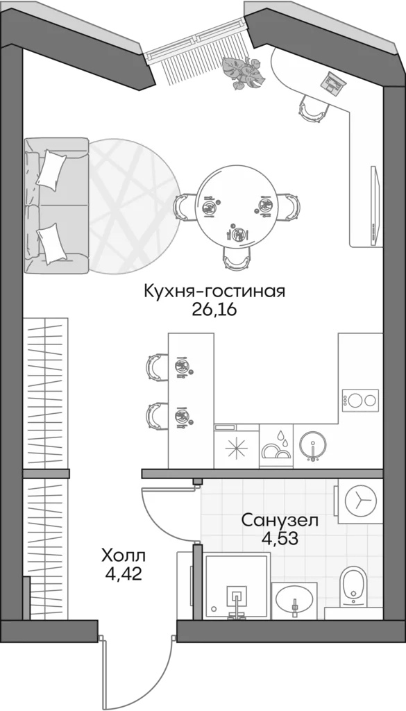 Планировка: Студия 33,9 м² в ЖК «Инсайдер»