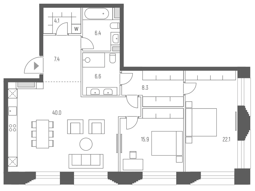 Планировка: Евротрёшка 110,8 м² в ЖК «Веспер Кутузовский»