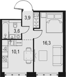 Планировка: 1-комнатная квартира 33,9 м² в ЖК «Левел Южнопортовая»