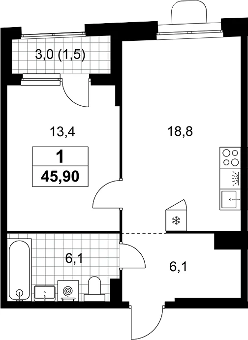 Планировка: Евродвушка 44,4 м² в ЖК «Прокшино»