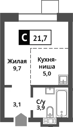 Планировка: Студия 21,7 м² в ЖК «Никольский квартал Отрада»