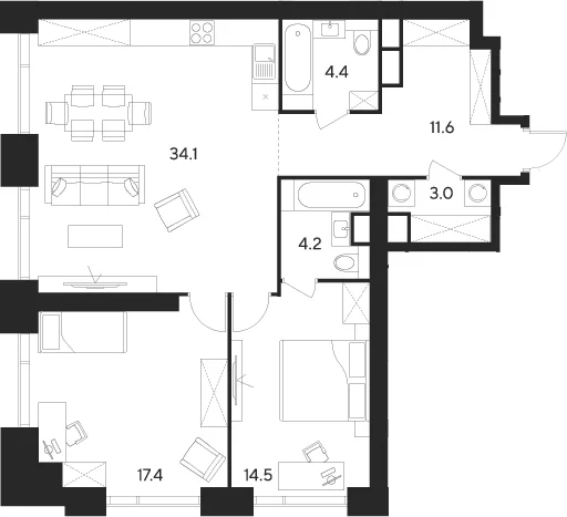 Планировка: Евротрёшка 89,2 м² в ЖК «Инди Тауэрз от Аквилон»