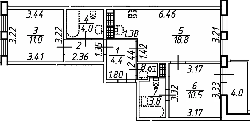Планировка: Евротрёшка 56,8 м² в ЖК «Аэросити Клаб»