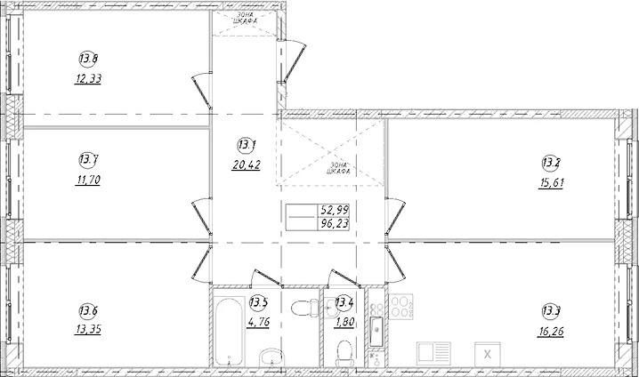 Планировка: 4-комнатная квартира 96,2 м² в ЖК «Юго-Западный квартал»