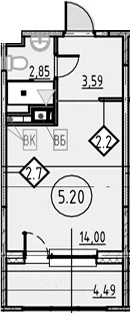 Планировка: Студия 24,9 м² в ЖК «COSMOS SMART САНКТ-ПЕТЕРБУРГ ЮЖНЫЙ ОТЕЛЬ»