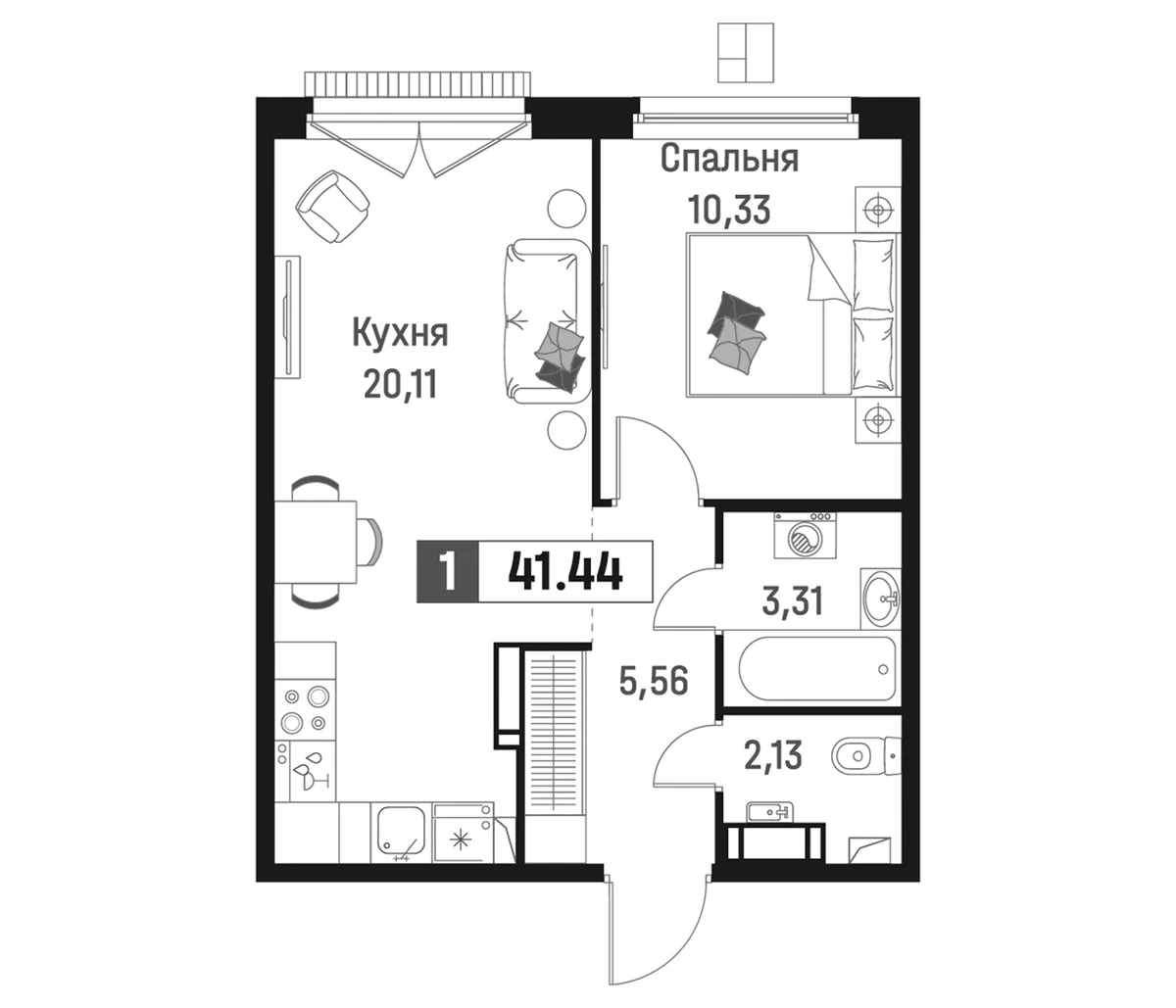 Планировка: Евродвушка 41,4 м² в ЖК «Максималист»
