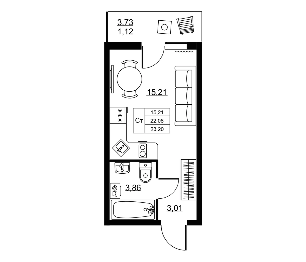 Планировка: Студия 22,1 м² в ЖК «Пулковское, 34»