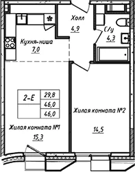 Планировка: Евродвушка 46 м² в ЖК «УНО.Соколиная гора»