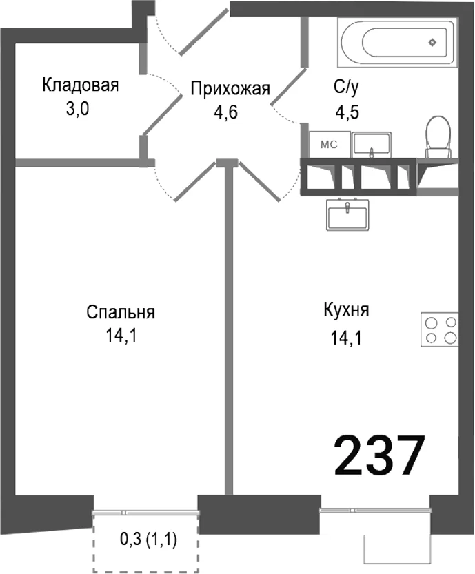 Планировка: 1-комнатная квартира 40,3 м² в ЖК «Киноквартал»