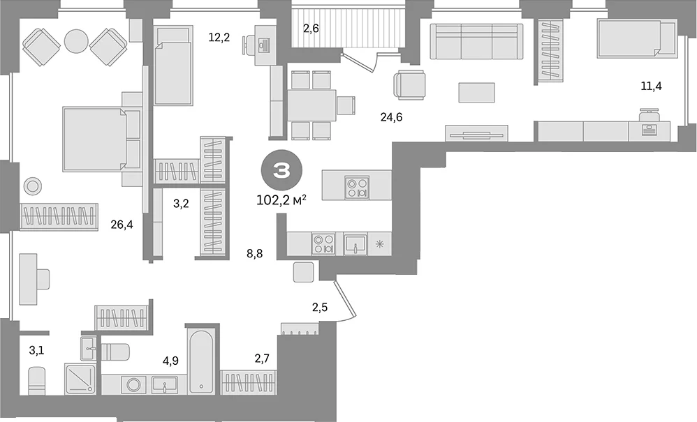 Планировка: 3-комнатная квартира 99,6 м² в ЖК «Первый квартал. Вторая очередь»