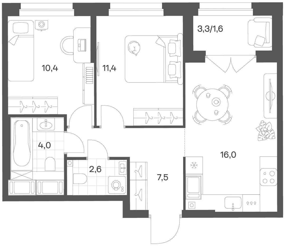 Планировка: Евротрёшка 51,4 м² в ЖК «Речной Квартал»