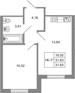 Планировка: 1-комнатная квартира 31,8 м² в ЖК «Стороны света 2»