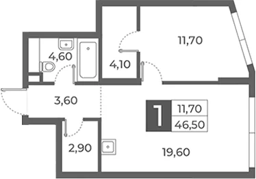 Планировка: 1-комнатная квартира 46,5 м² в ЖК «Даниловский от Гранель»