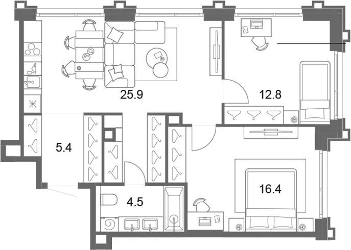Планировка: Евротрёшка 65 м² в ЖК «ОМ Ботанический»