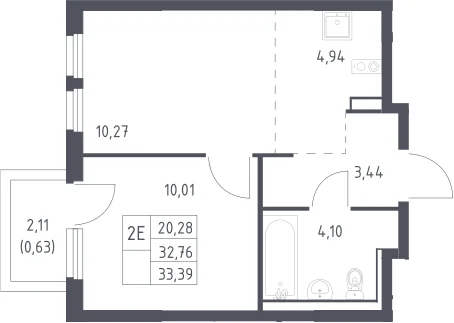 Планировка: Евродвушка 32,8 м² в ЖК «Пригород Лесное»