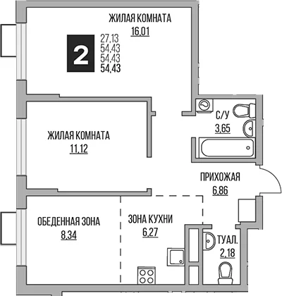 Планировка: 2-комнатная квартира 54,4 м² в ЖК «Гранель Алексеевская роща»
