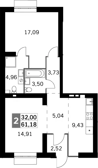Планировка: 2-комнатная квартира 61,2 м² в ЖК «Жаворонки Клаб»