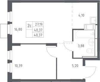 Планировка: Евродвушка 40,4 м² в ЖК «Большое Путилково»