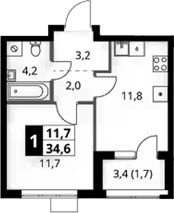 Планировка: 1-комнатная квартира 32,9 м² в ЖК «1-й Ясеневский»