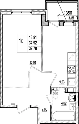 Планировка: 1-комнатная квартира 34,9 м² в ЖК «Ново-Антропшино»