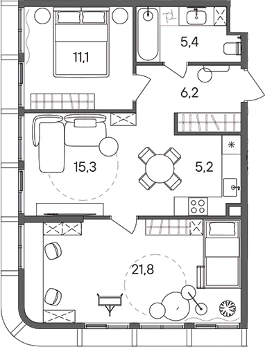 Планировка: Евротрёшка 65 м² в ЖК «СТОУН Сокольники»