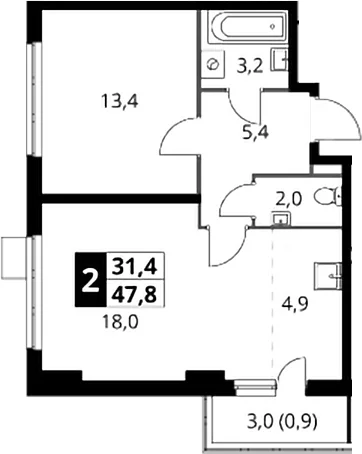 Планировка: Евродвушка 46,9 м² в ЖК «1-й Донской»