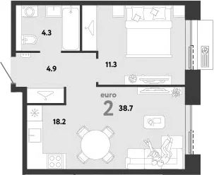 Планировка: Евродвушка 38,7 м² в ЖК «Страна.Заречная»