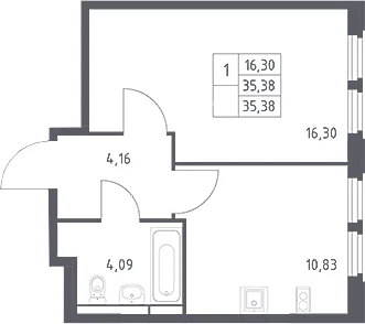 Планировка: 1-комнатная квартира 35,4 м² в ЖК «Космический Квартал»