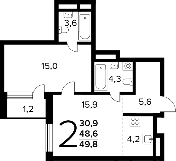 Планировка: Евродвушка 48,6 м² в ЖК «Новые Ватутинки Квартал у реки»