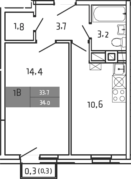 Планировка: 1-комнатная квартира 33,7 м² в ЖК «Южная Долина»
