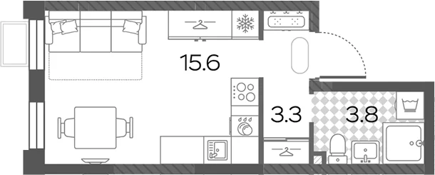 Планировка: Студия 22,7 м² в ЖК «Лучи»