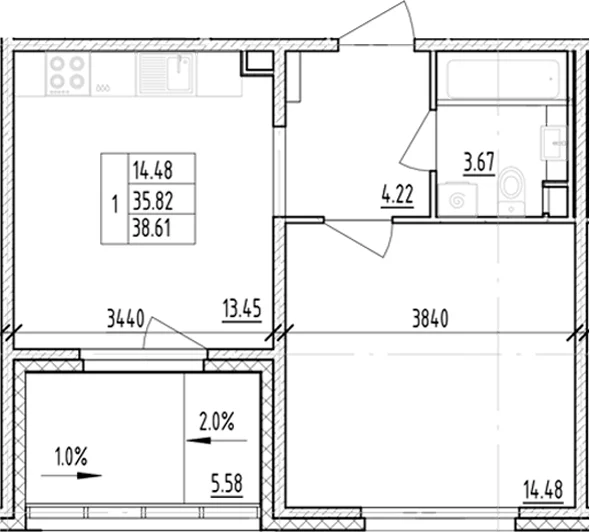 Планировка: 1-комнатная квартира 35,8 м² в ЖК «ЛесАрт»