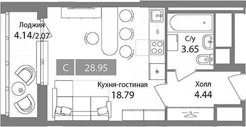 Планировка: Студия 26,9 м² в ЖК «Планерный квартал»