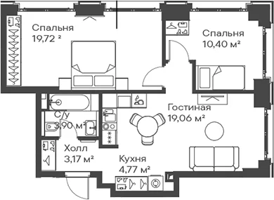 Планировка: Евротрёшка 61 м² в ЖК «Сити Бэй»