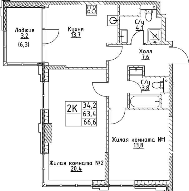 Планировка: 2-комнатная квартира 61,4 м² в ЖК «ВЭРИ на Миклухо-Маклая»