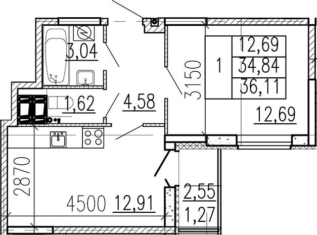 Планировка: 1-комнатная квартира 34,8 м² в ЖК «Высота. Бугры»