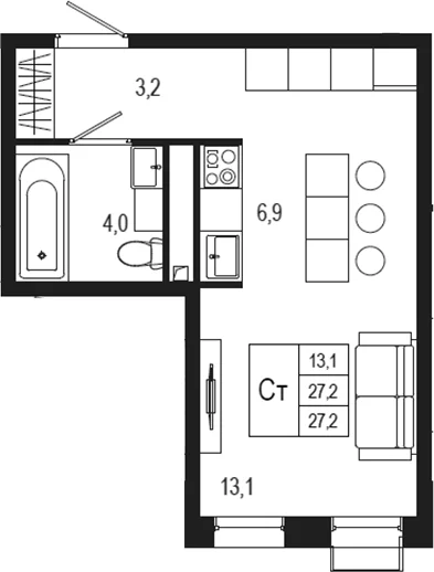 Планировка: Студия 27,2 м² в ЖК «Новая Щербинка»