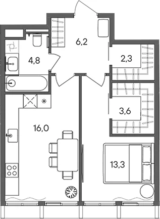 Планировка: 1-комнатная квартира 46,2 м² в ЖК «СТОУН Сокольники»