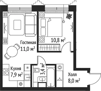 Планировка: Евродвушка 41,1 м² в ЖК «СЕТ»