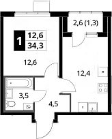 Планировка: 1-комнатная квартира 33 м² в ЖК «1-й Ясеневский»