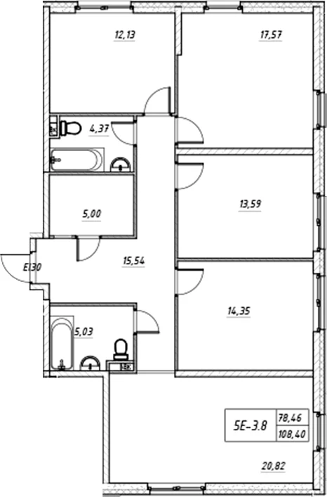 Планировка: Квартира евро-5 108,4 м² в ЖК «Зум на Неве»