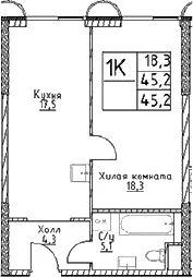 Планировка: 1-комнатная квартира 45,2 м² в ЖК «Наметкин Тауэр»